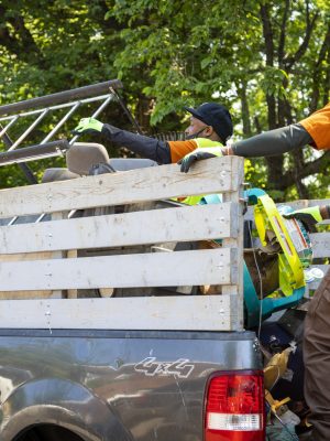 The Ward 8 Woods crew and volunteers clean up a wooded area at the edge of Ft. Stanton Park in Washington, D.C.